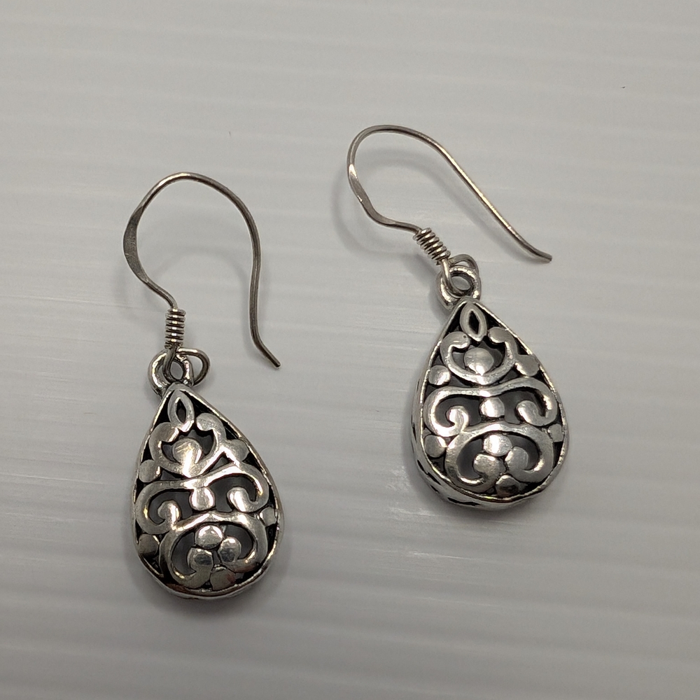 Sterling Silver 925 Teardrop Earrings With Open Scrollwork Design